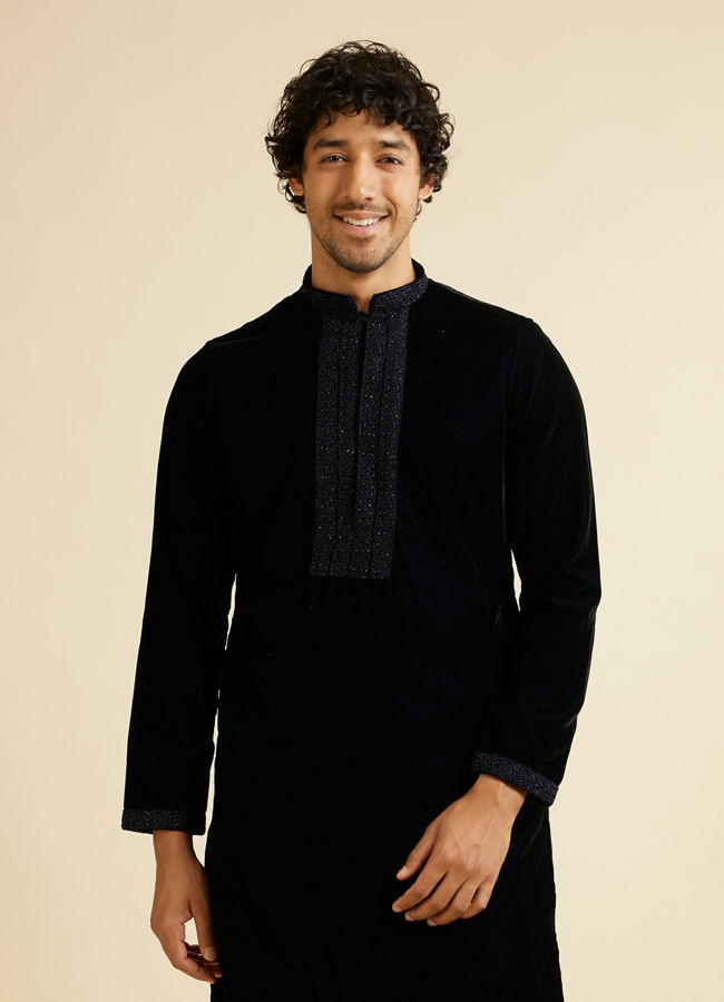 Manyavar Men Dark Blue Kurta Set with Embroidered Neckline