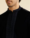 Manyavar Men Dark Blue Kurta Set with Embroidered Neckline