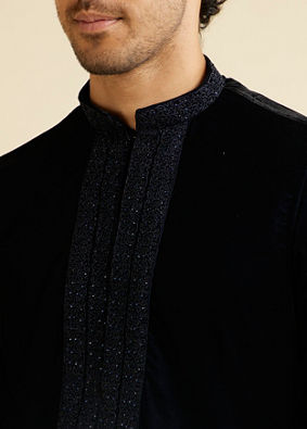 Manyavar Men Dark Blue Kurta Set with Embroidered Neckline