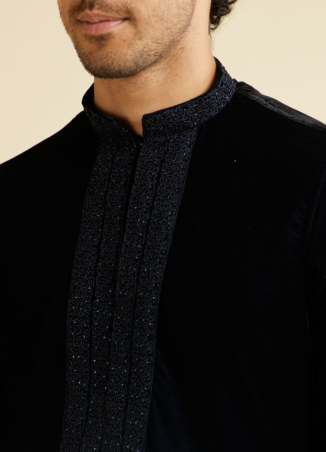 Manyavar Men Dark Blue Kurta Set with Embroidered Neckline