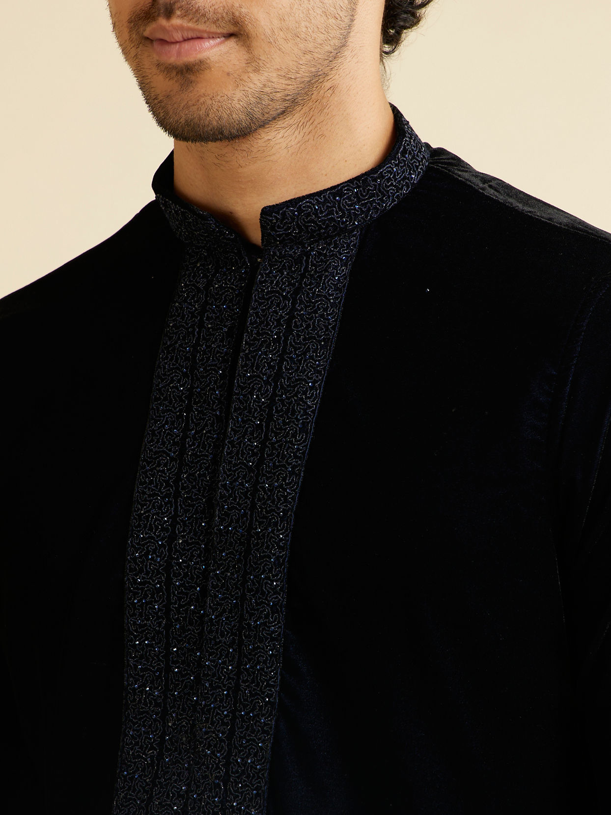 Manyavar Men Dark Blue Kurta Set with Embroidered Neckline