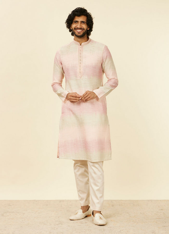 Manyavar Men Coral Pink Ikat Printed Kurta Set