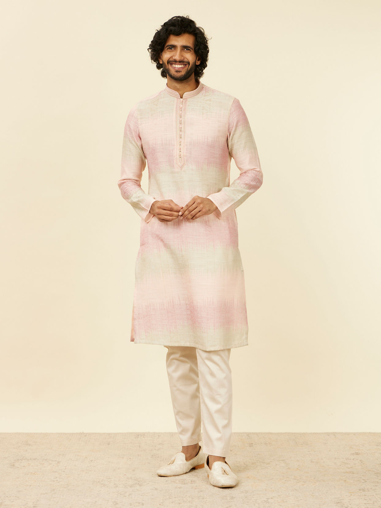 Manyavar Men Coral Pink Ikat Printed Kurta Set