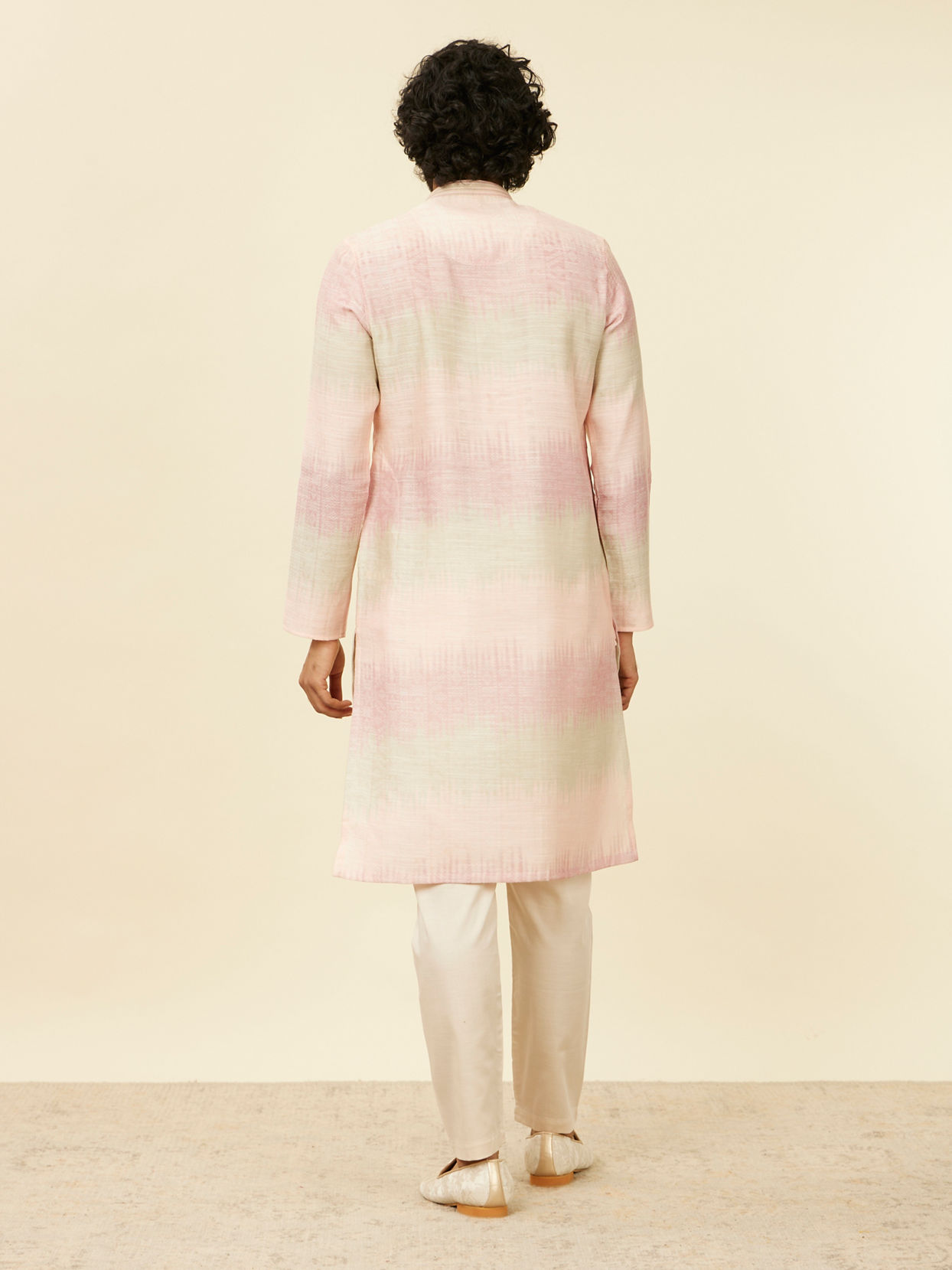 Manyavar Men Coral Pink Ikat Printed Kurta Set