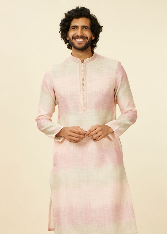 Manyavar Men Coral Pink Ikat Printed Kurta Set