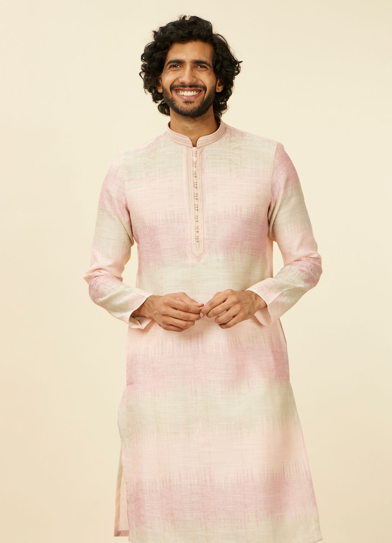 Manyavar Men Coral Pink Ikat Printed Kurta Set