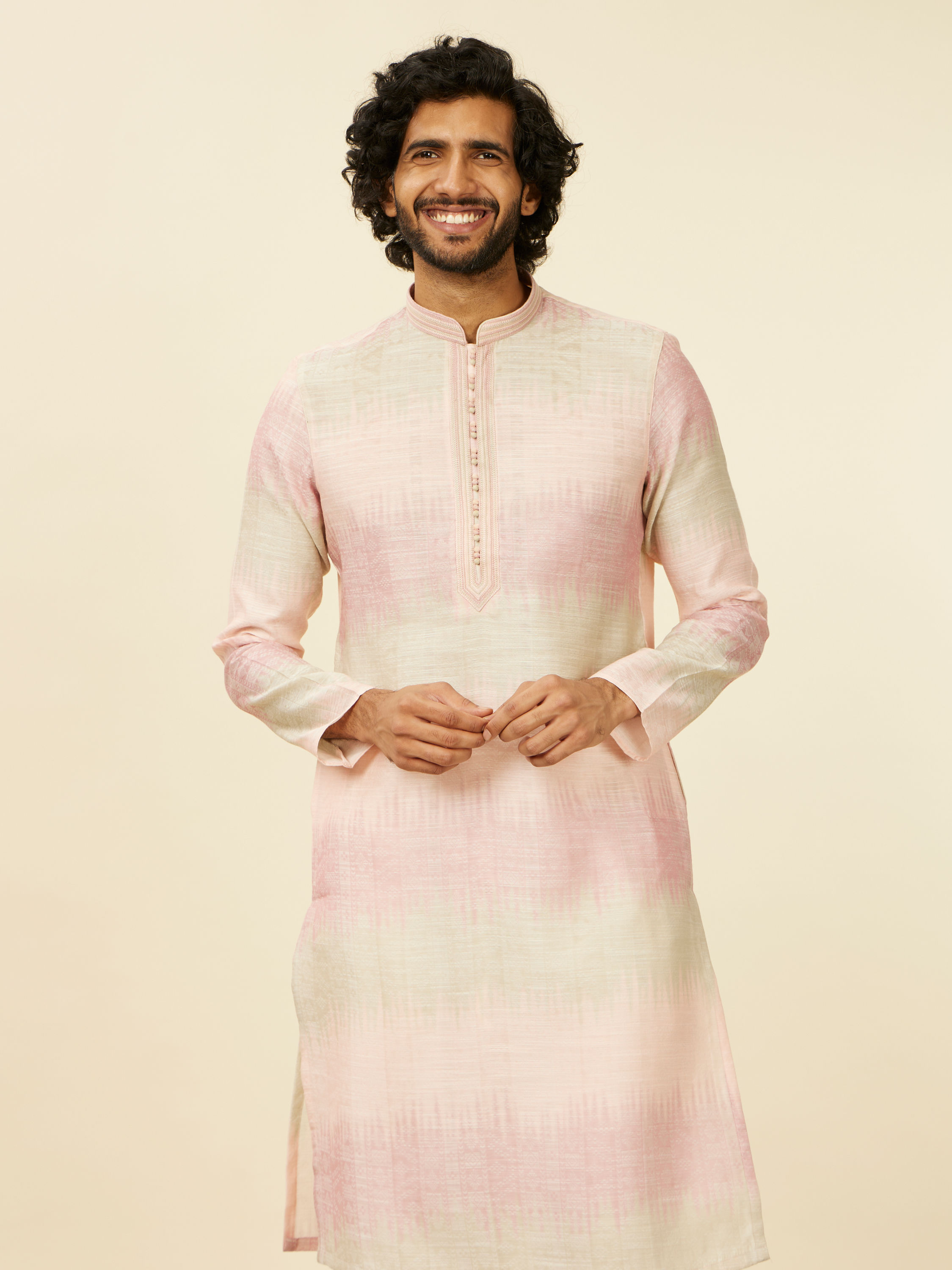Manyavar Men Coral Pink Ikat Printed Kurta Set