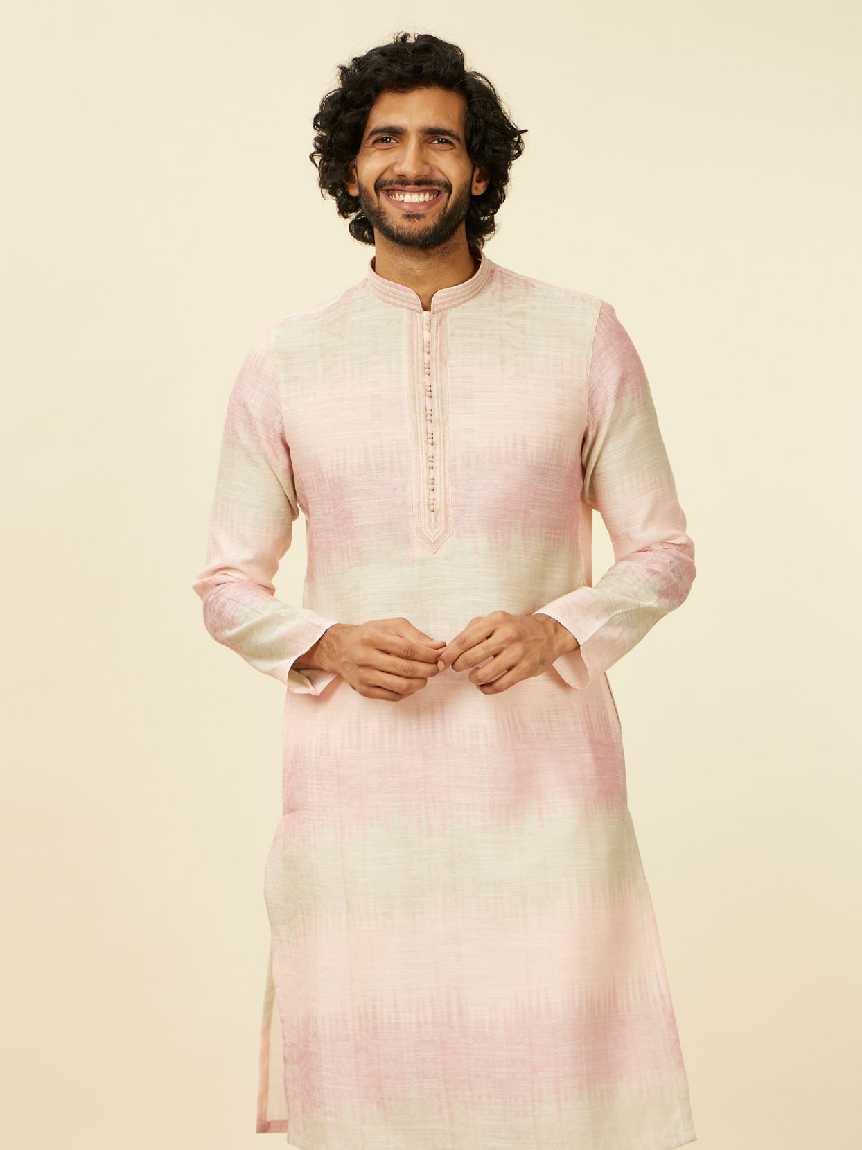 Manyavar Men Coral Pink Ikat Printed Kurta Set