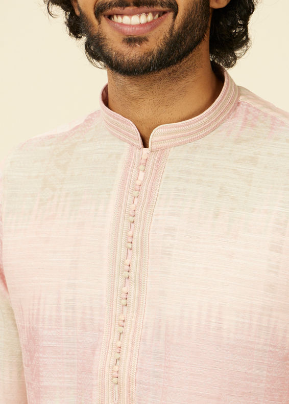 Manyavar Men Coral Pink Ikat Printed Kurta Set