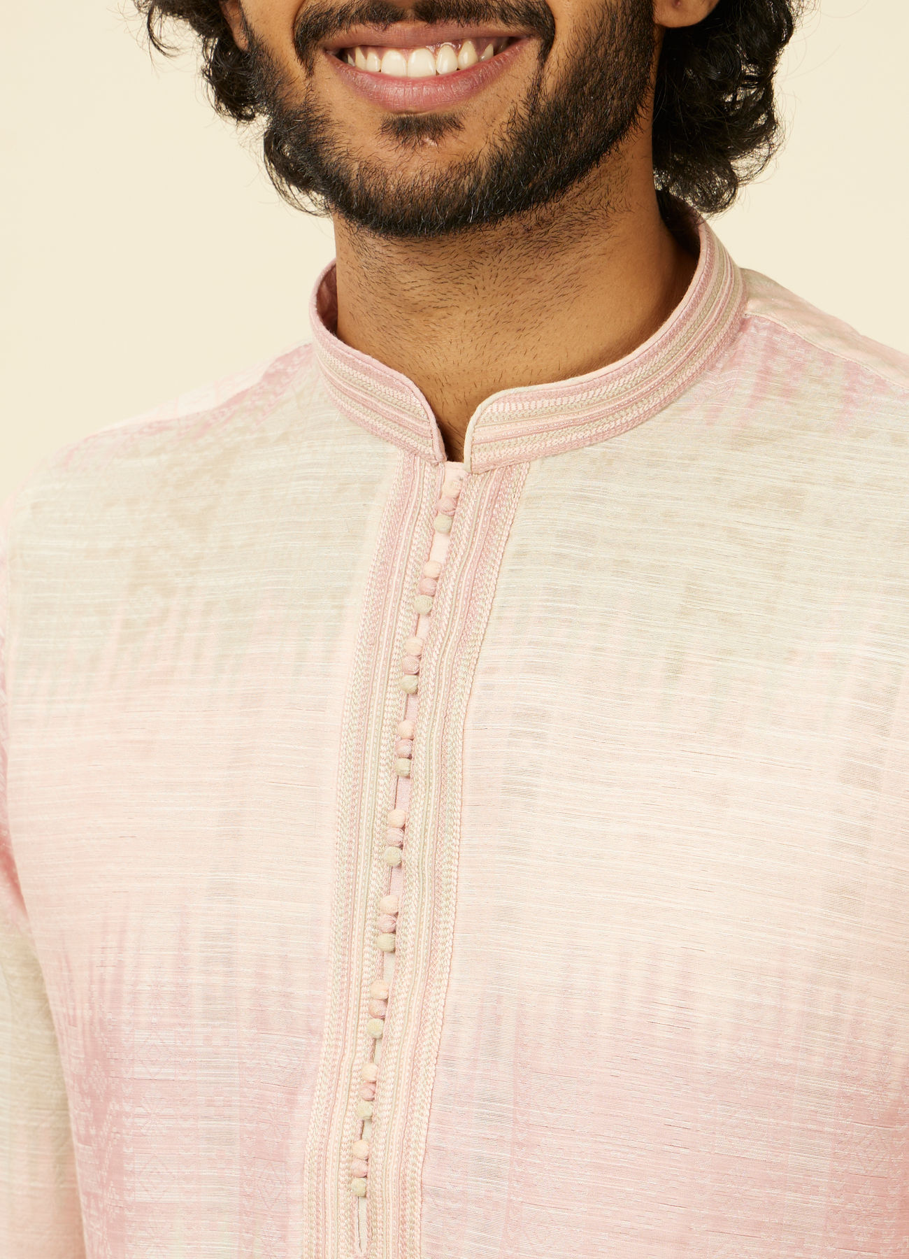 Manyavar Men Coral Pink Ikat Printed Kurta Set