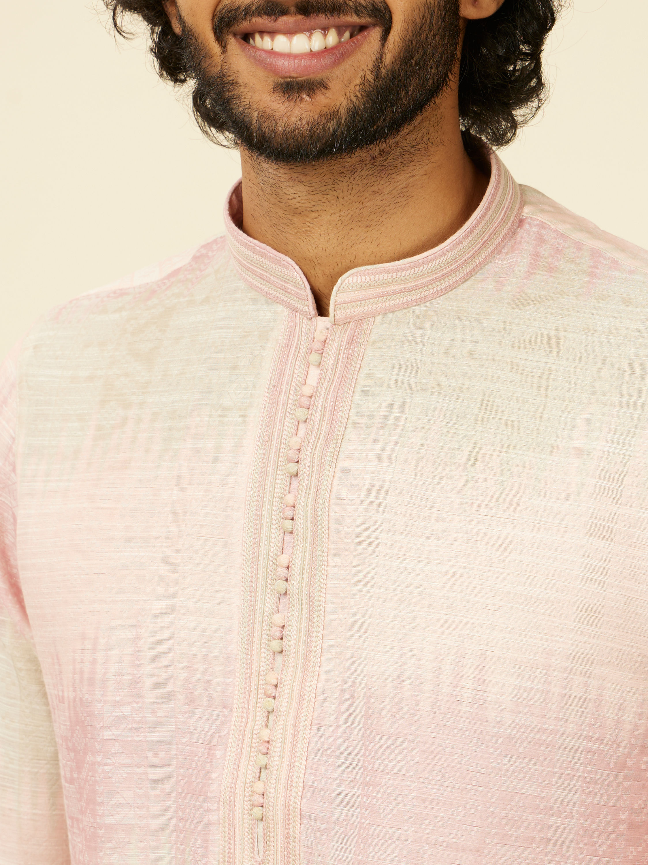 Manyavar Men Coral Pink Ikat Printed Kurta Set