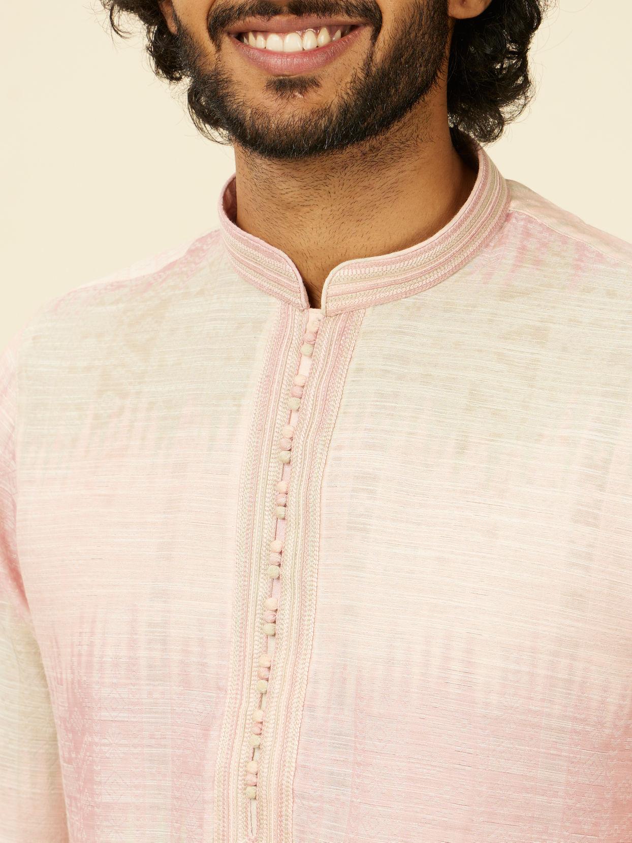 Manyavar Men Coral Pink Ikat Printed Kurta Set