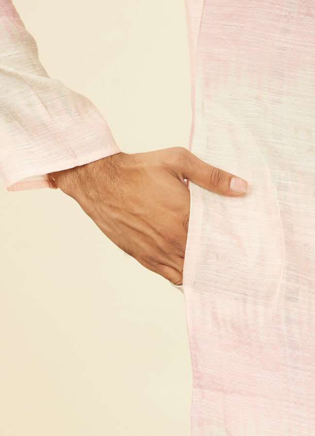 Manyavar Men Coral Pink Ikat Printed Kurta Set