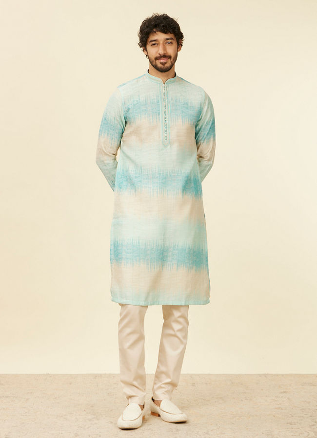 Manyavar Men Aqua Green Ikat Printed Kurta Set