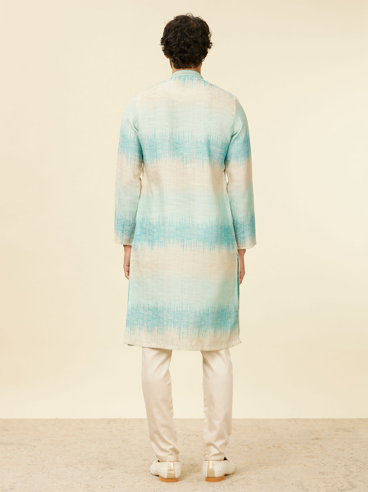 Manyavar Men Aqua Green Ikat Printed Kurta Set
