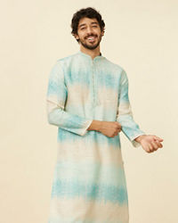 Manyavar Men Aqua Green Ikat Printed Kurta Set