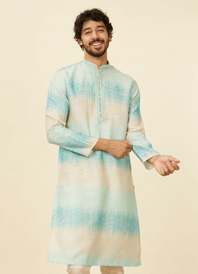 Manyavar Men Aqua Green Ikat Printed Kurta Set image number 0