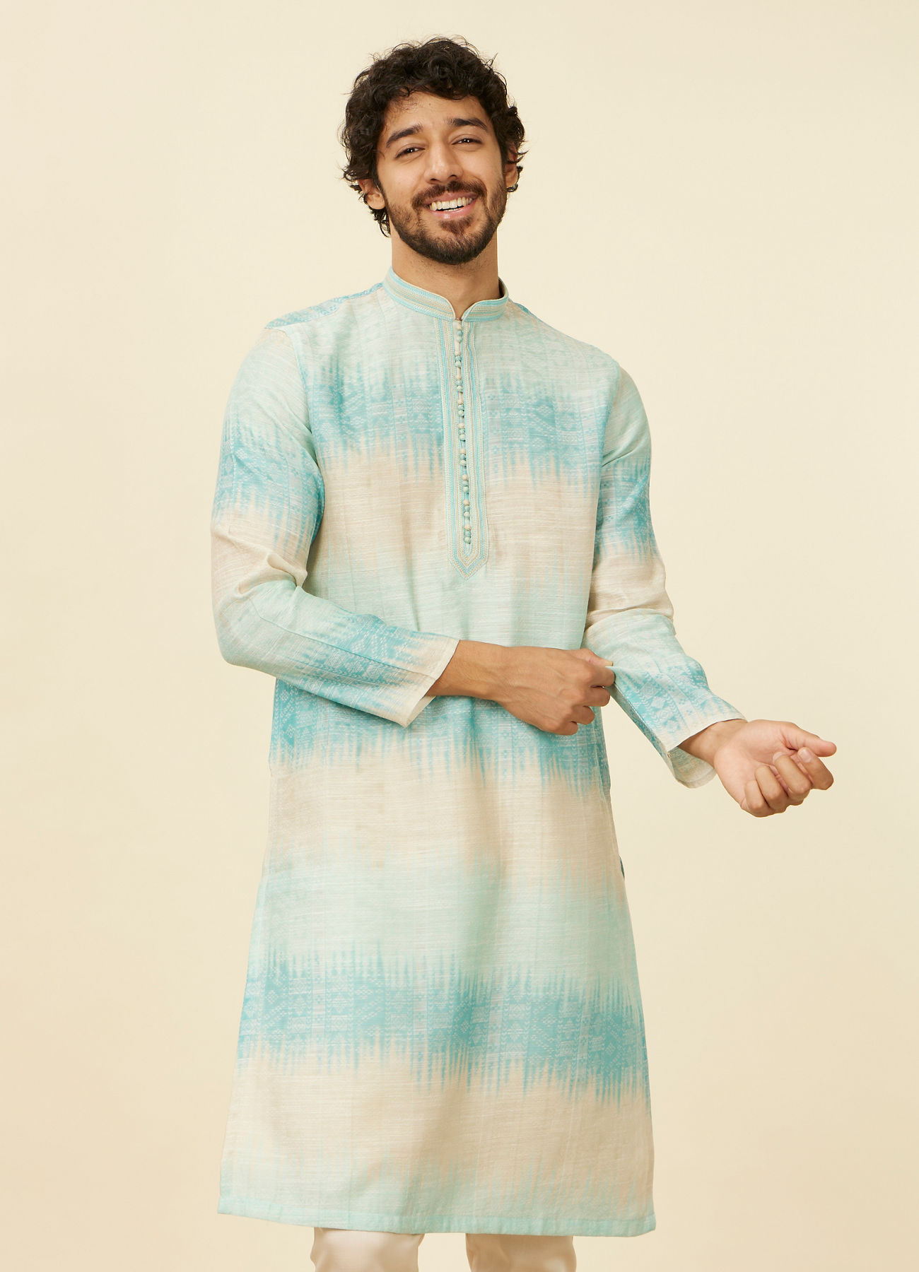 Manyavar Men Aqua Green Ikat Printed Kurta Set