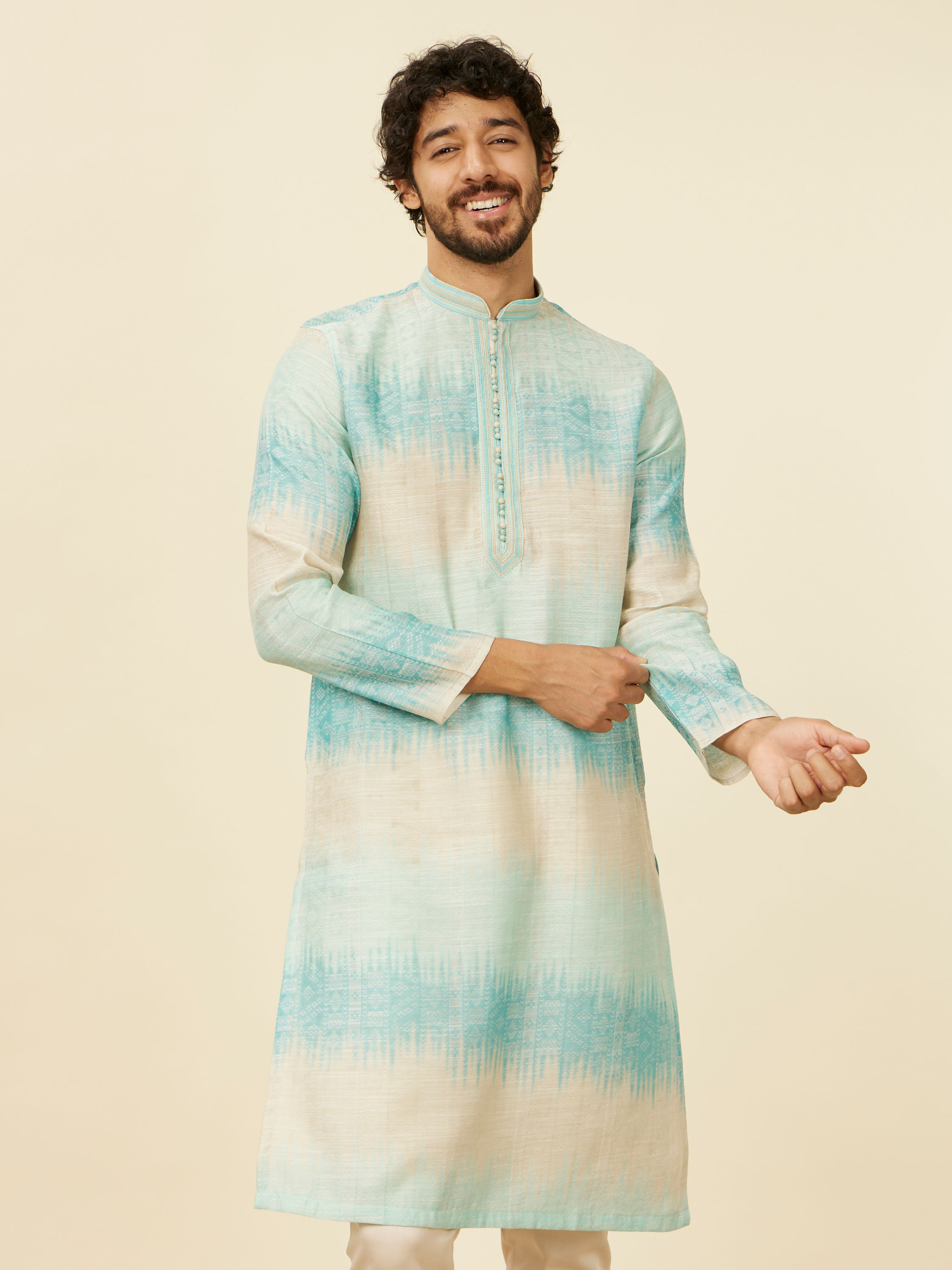 Manyavar Men Aqua Green Ikat Printed Kurta Set