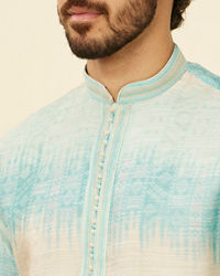 Manyavar Men Aqua Green Ikat Printed Kurta Set