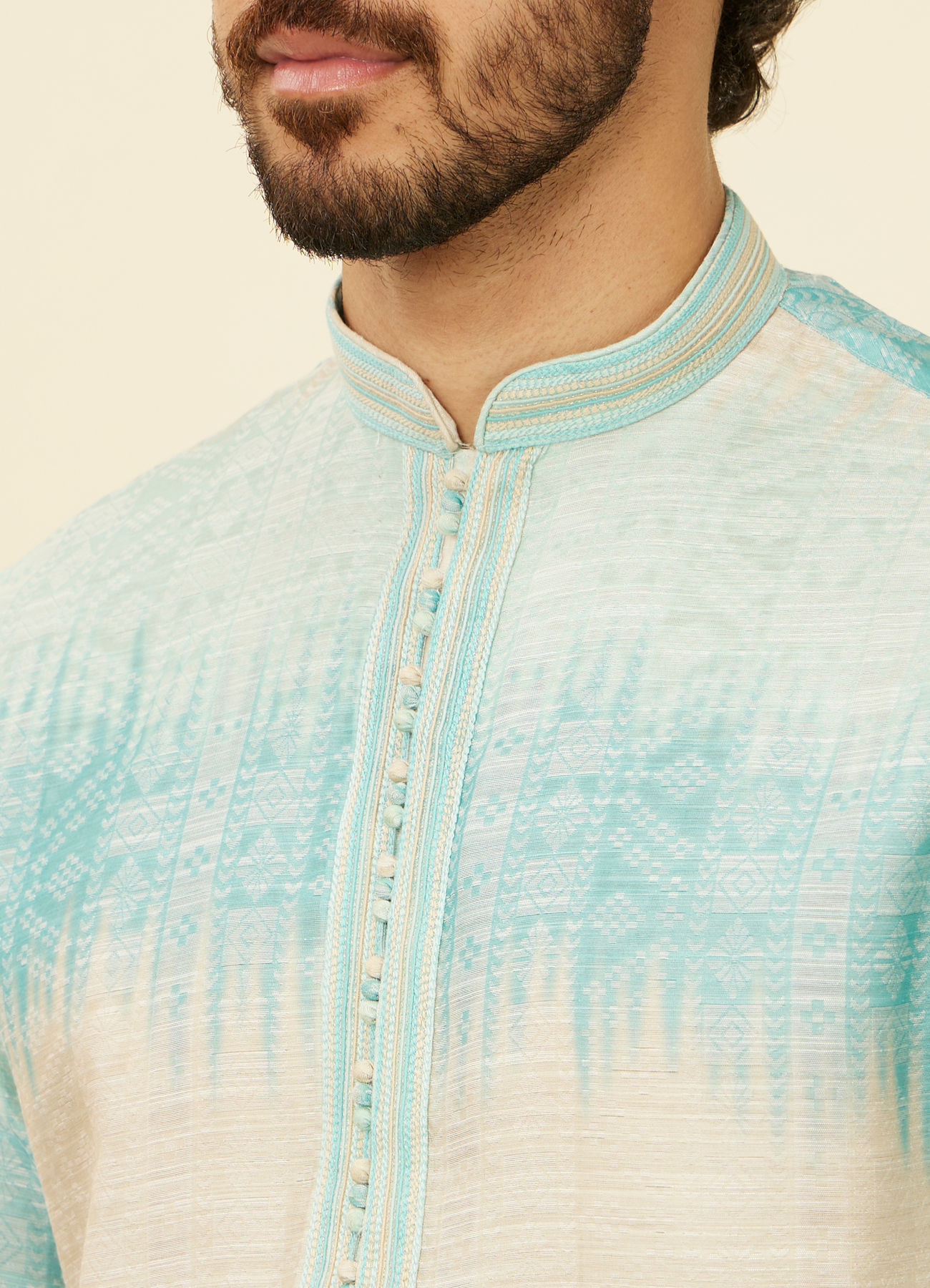 Manyavar Men Aqua Green Ikat Printed Kurta Set