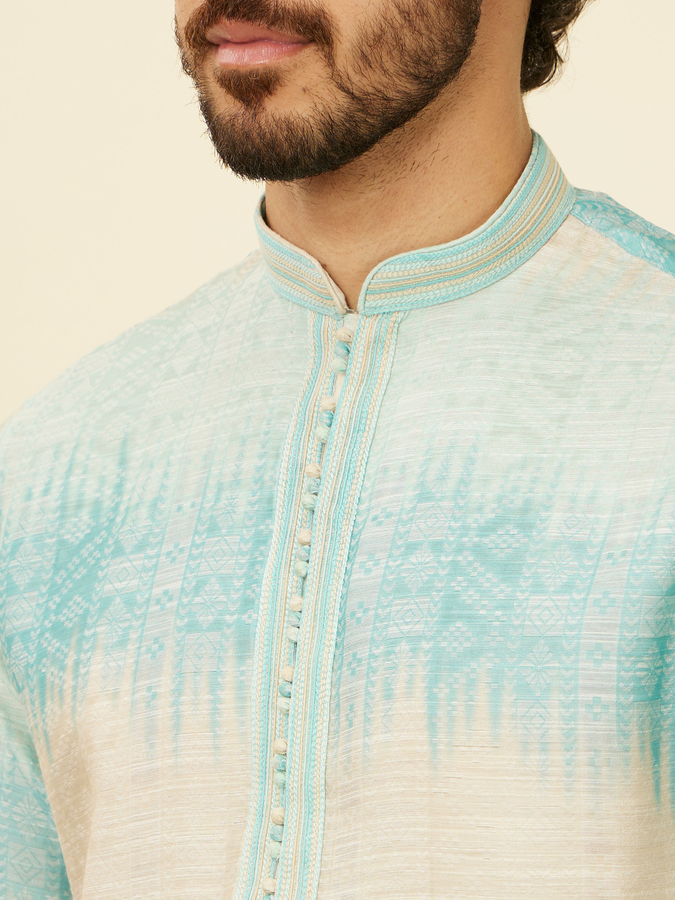 Manyavar Men Aqua Green Ikat Printed Kurta Set