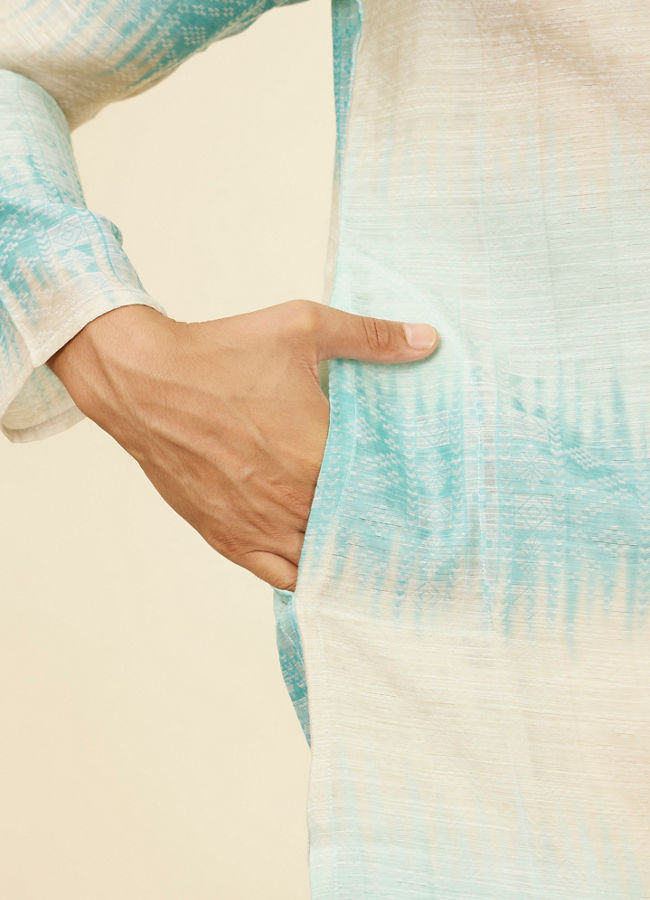 Manyavar Men Aqua Green Ikat Printed Kurta Set