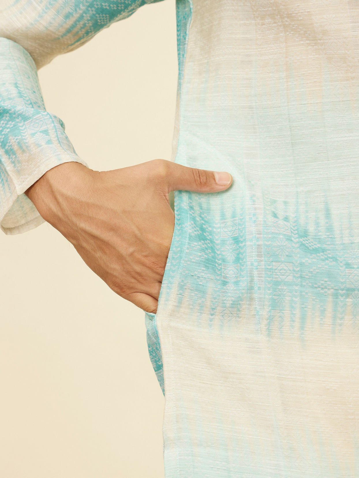 Manyavar Men Aqua Green Ikat Printed Kurta Set