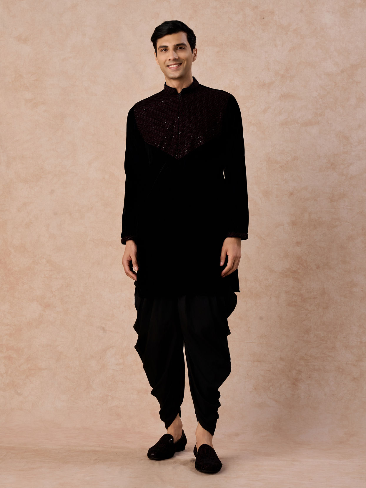 Manyavar Men Velvety Dark Blue Elegance Kurta Patiala