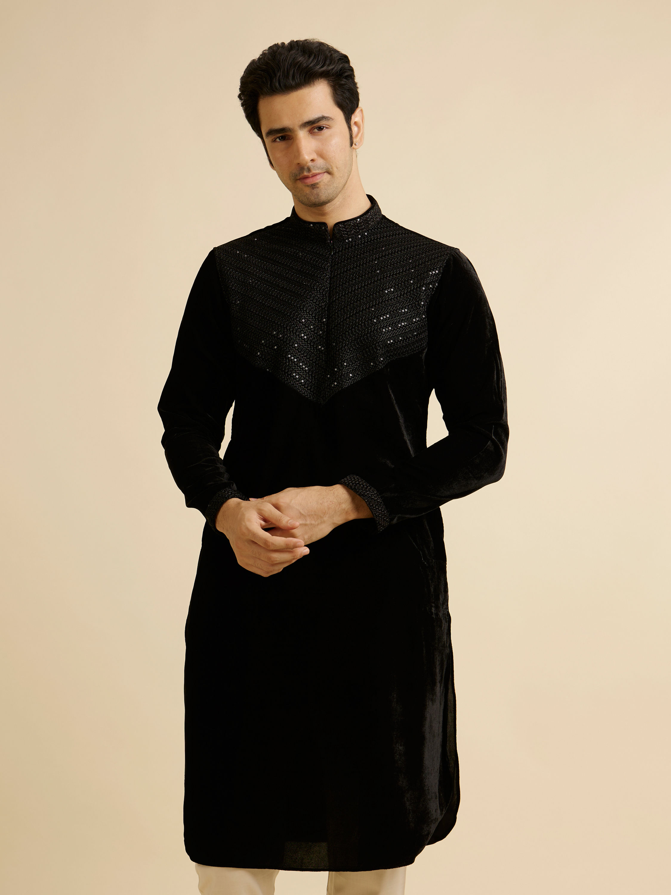 Manyavar Men Elegant Black Velvet Kurta Pajama