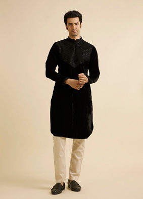 alt message - Manyavar Men Elegant Black Velvet Kurta Pajama image number 2