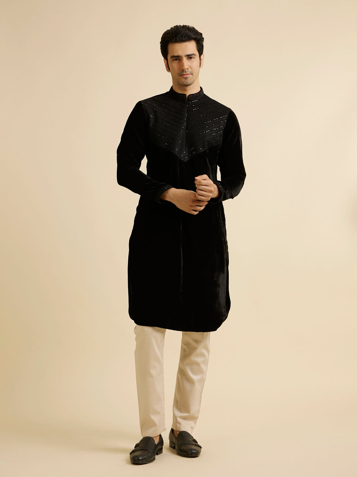 Manyavar Men Elegant Black Velvet Kurta Pajama