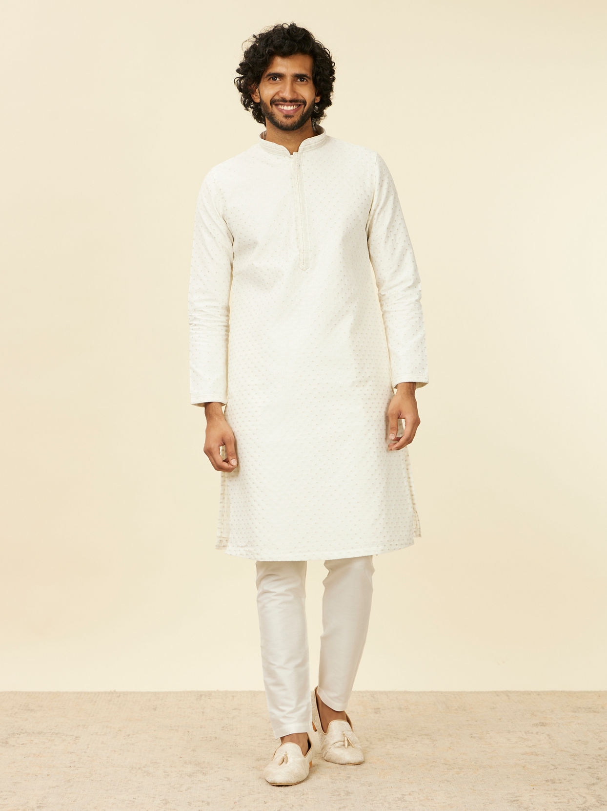 Manyavar Men Warm White Polka Dotted Kurta Set