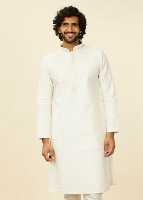 Manyavar Men Warm White Polka Dotted Kurta Set image number 0