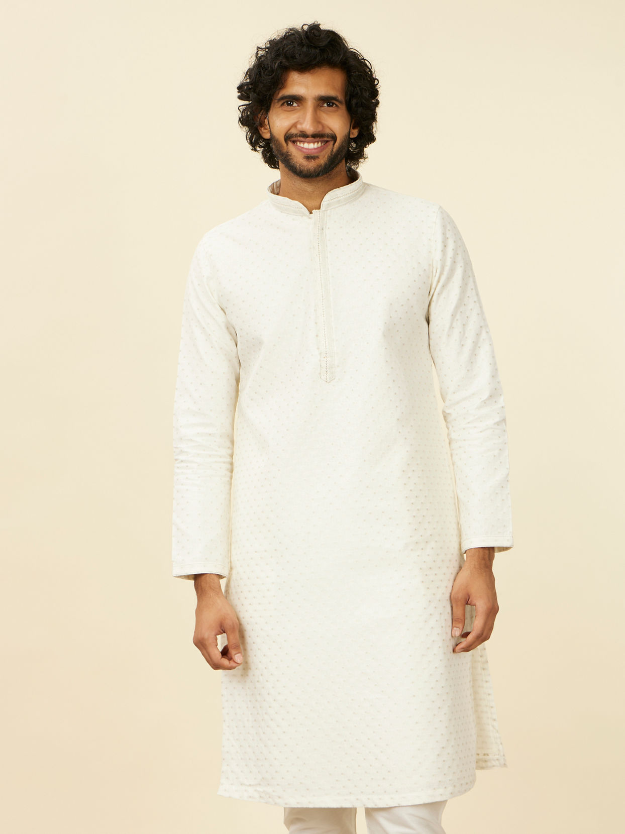 Manyavar Men Warm White Polka Dotted Kurta Set