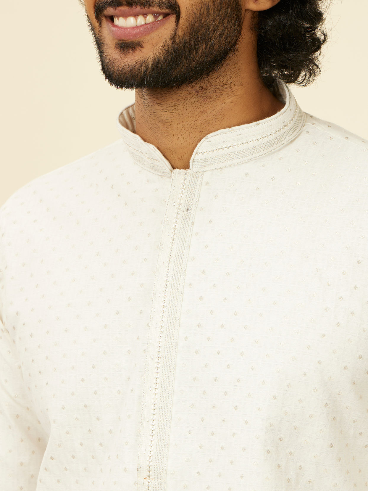 Manyavar Men Warm White Polka Dotted Kurta Set