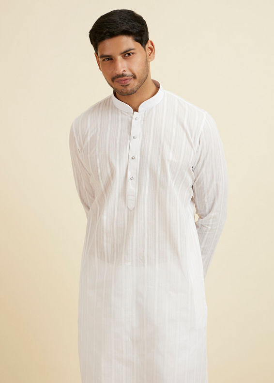 Manyavar Men White Cotton Self Design Kurta Set