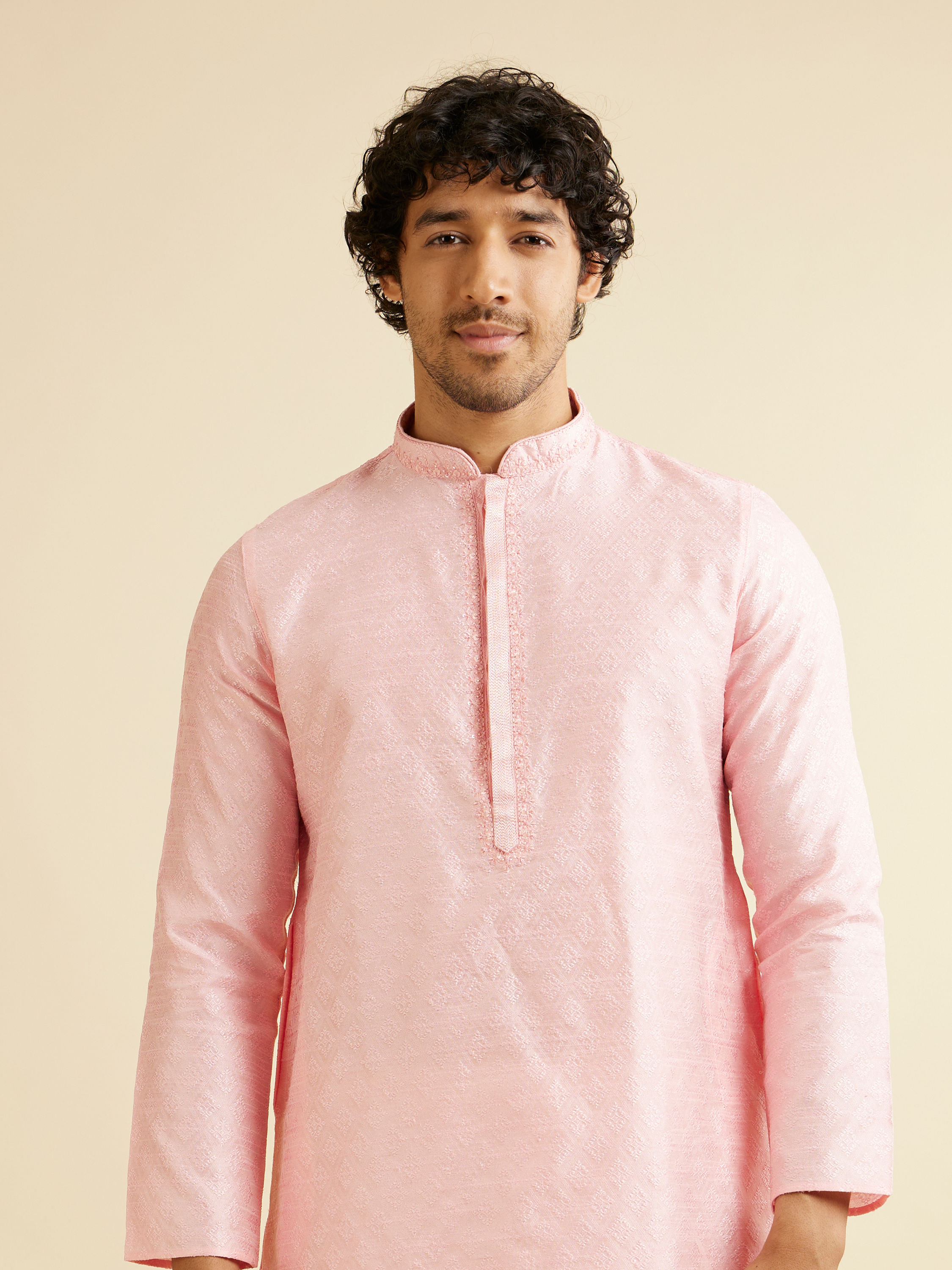 Manyavar Men Light Pink Buta Patterned Kurta Set