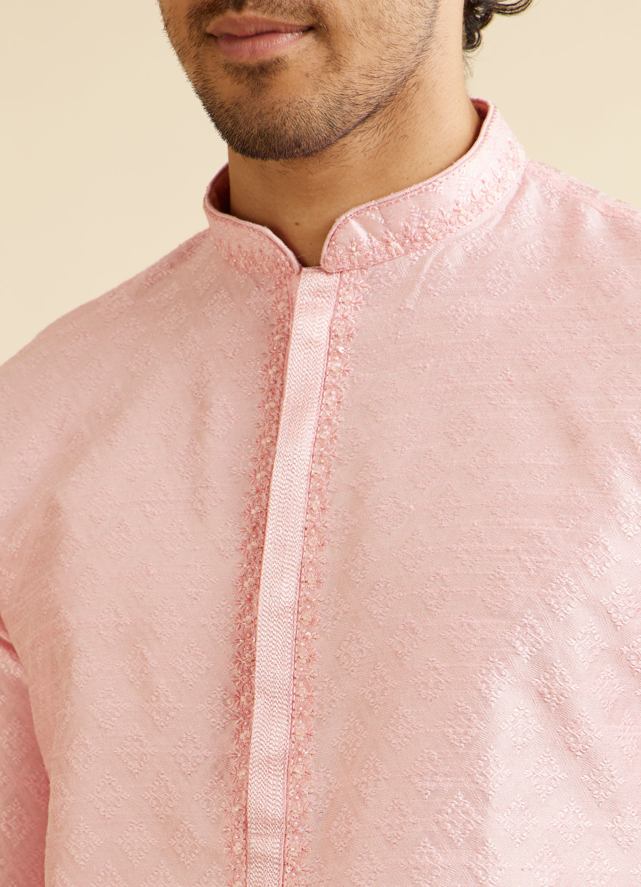 Manyavar Men Light Pink Buta Patterned Kurta Set