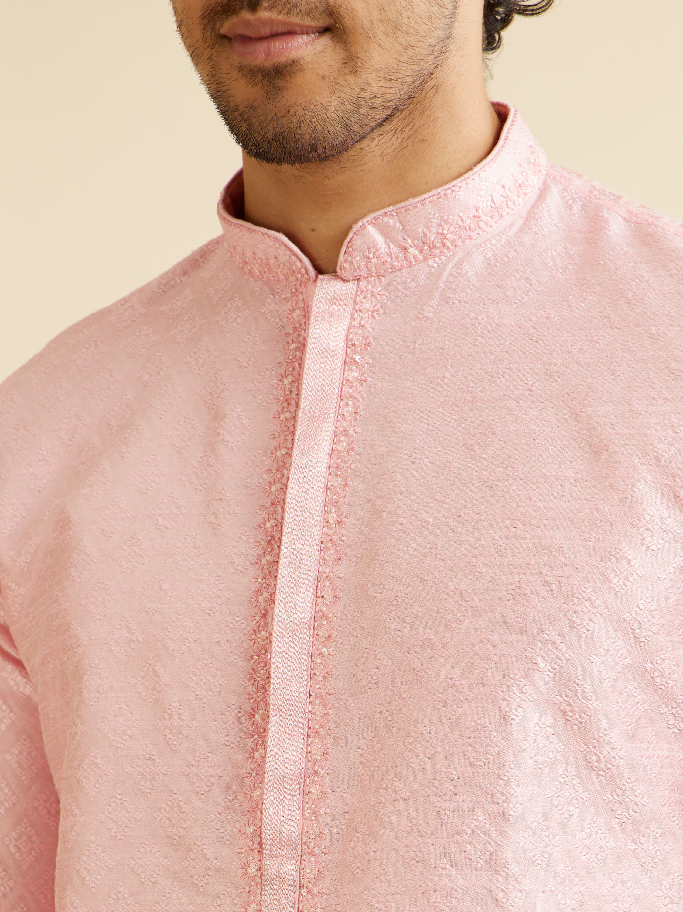 Manyavar Men Light Pink Buta Patterned Kurta Set
