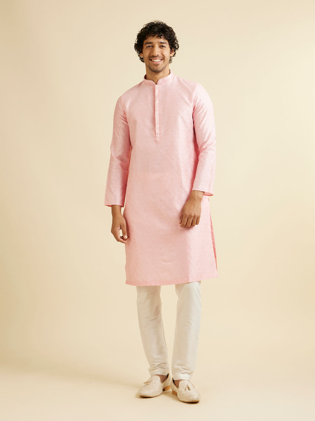 Manyavar Men Light Pink Buta Patterned Kurta Set