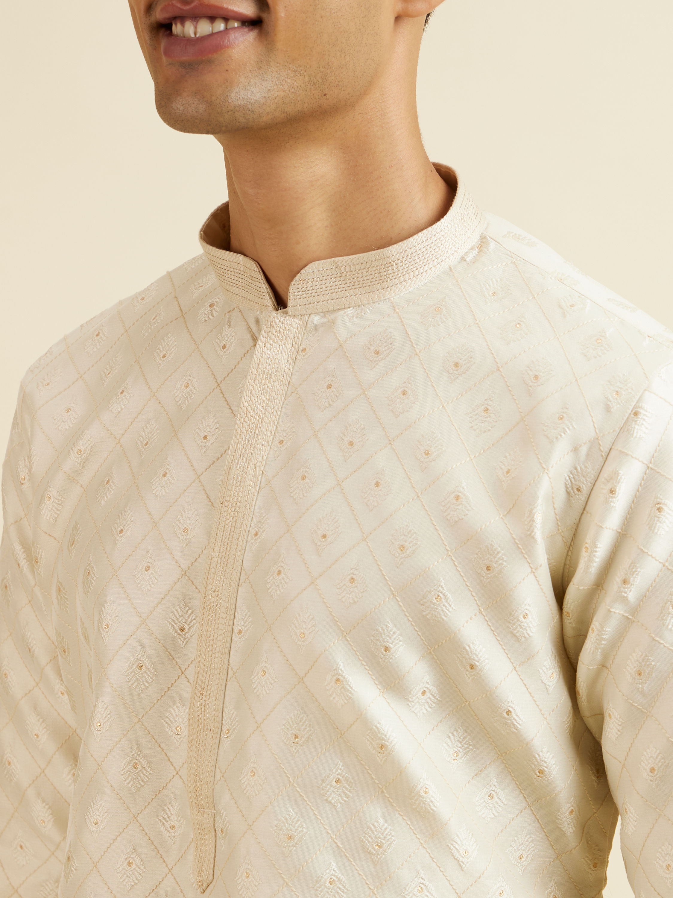 Manyavar Men Cream Grid Patterned Kurta Set