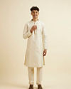 Manyavar Men Cream Grid Patterned Kurta Set