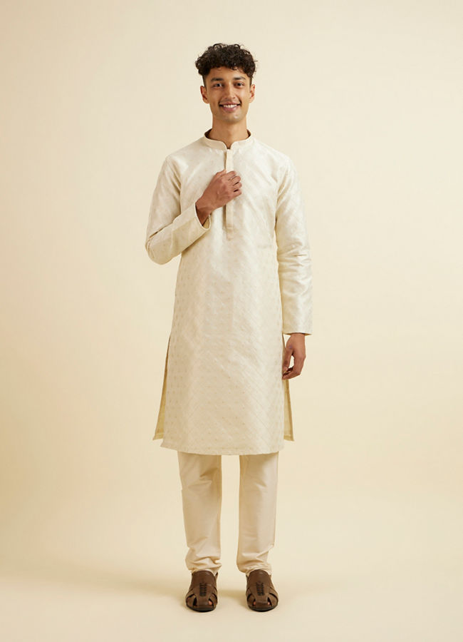 Manyavar Men Cream Grid Patterned Kurta Set