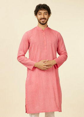 Manyavar Men Coral Pink Self Patterned Kurta Set