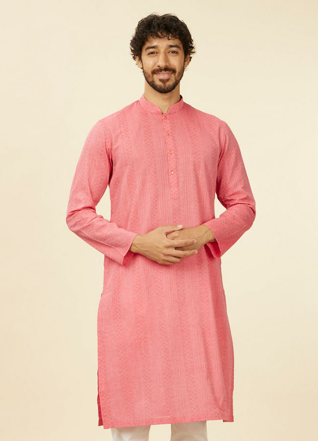 Manyavar Men Coral Pink Self Patterned Kurta Set