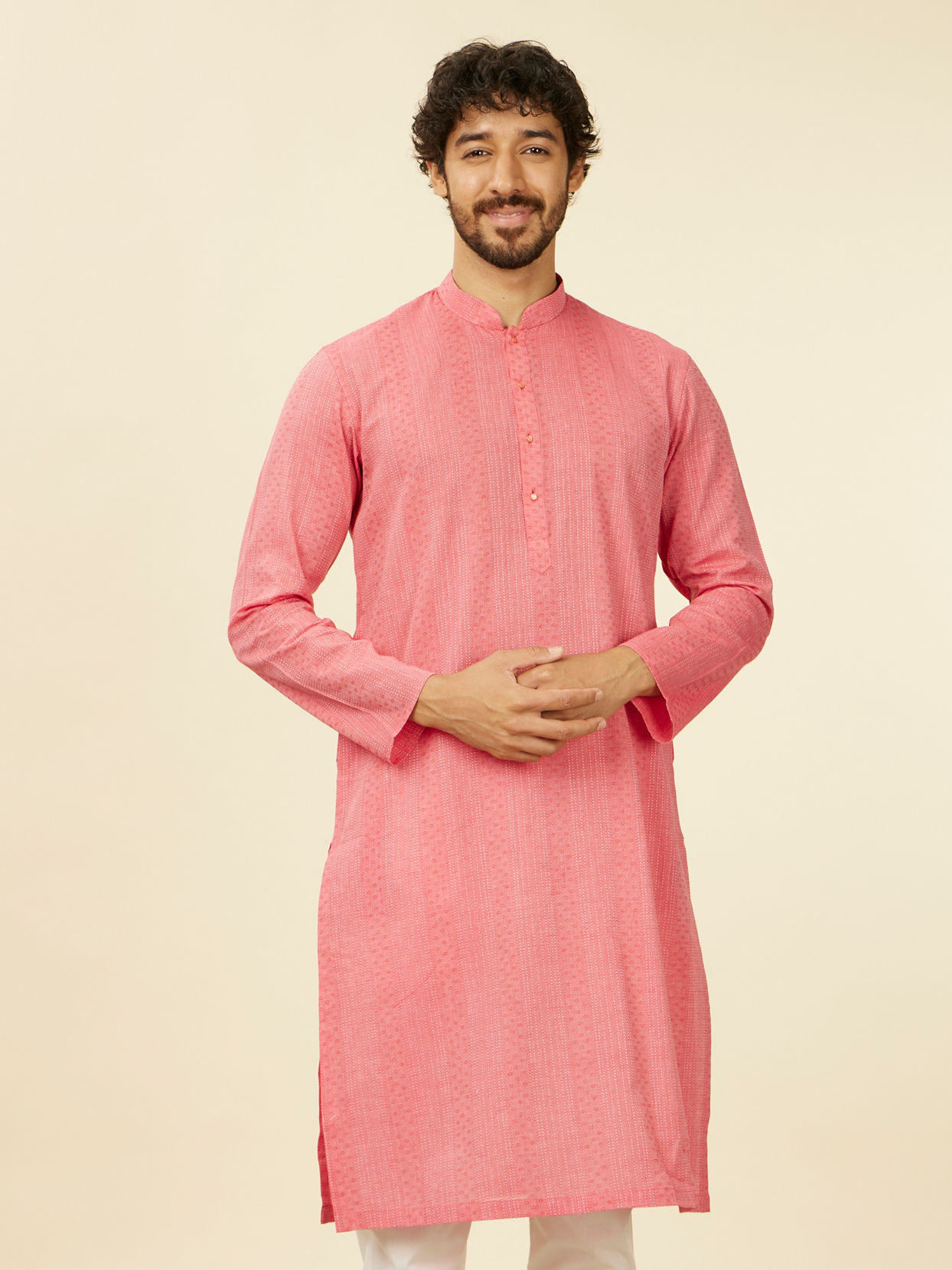 Manyavar Men Coral Pink Self Patterned Kurta Set