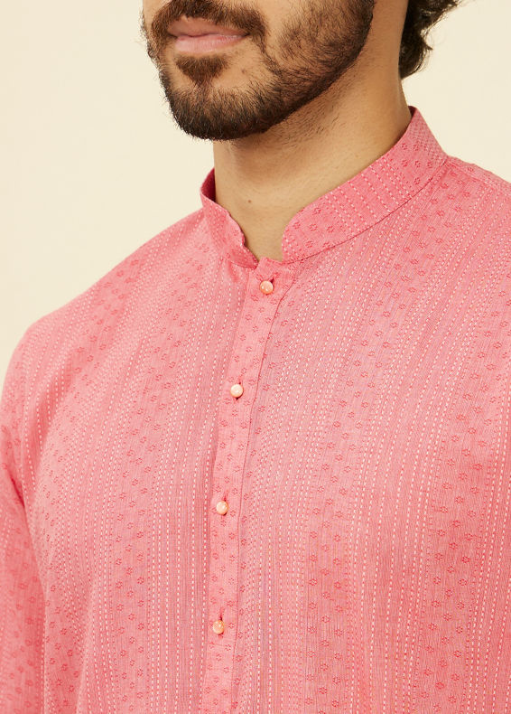 Manyavar Men Coral Pink Self Patterned Kurta Set