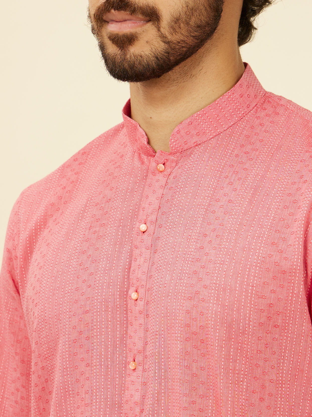 Manyavar Men Coral Pink Self Patterned Kurta Set