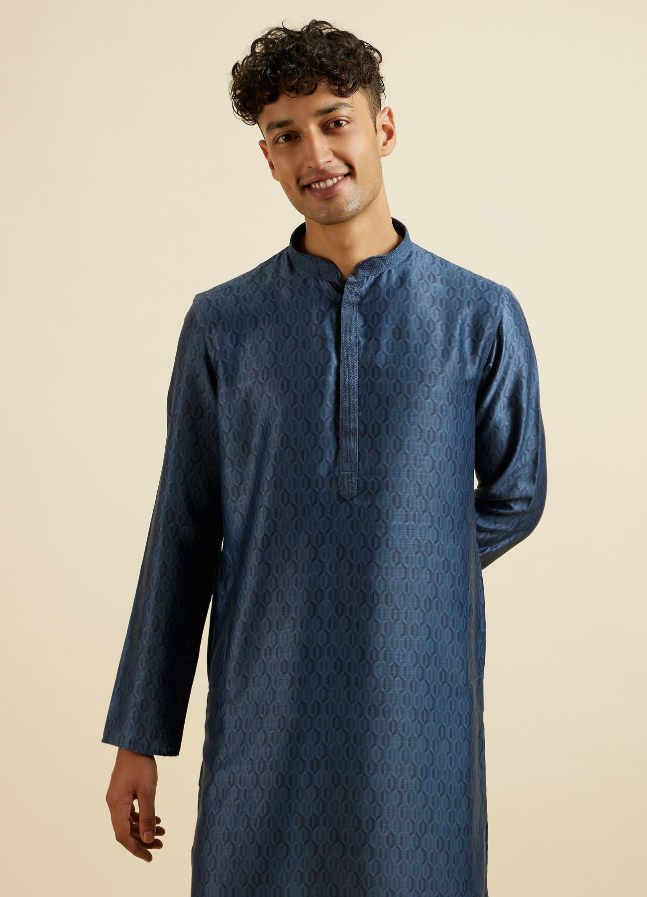 Manyavar Men Dark Blue Hexagonal Patterned Kurta Set